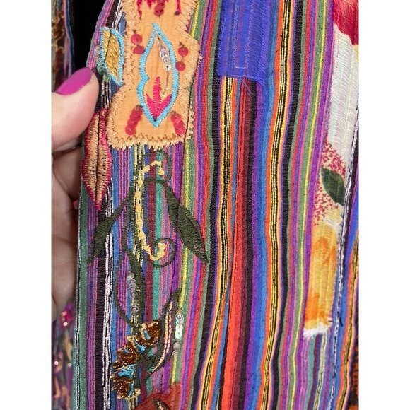 Chicos Silk Floral Jacket L Red Striped Beaded Artsy Boho Sequin Embroidery Chic - Picture 5 of 16